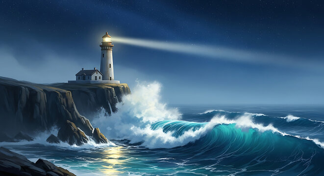 A solitary lighthouse beams its light across the turbulent ocean waves under a dark, stormy sky.