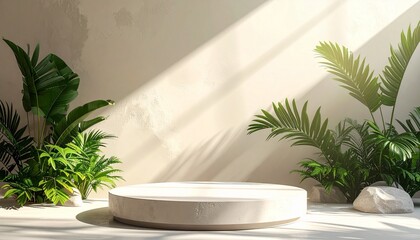 Serene minimalist sunlit podium for product display, featuring lush tropical greenery against a textured concrete wall, creating a clean and tranquil natural showcase