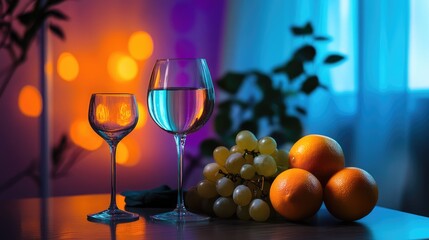 Colorful still life featuring grapes, oranges, and glasses.