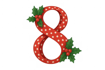 Number eight festive ribbon letter with red polka dots and green holly leaves, creating a christmas holiday design element