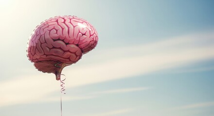 Brain-shaped balloon floating in blue sky with ribbon, surreal minimalist concept for neuroscience and mental health themes