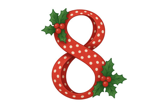 Number eight festive ribbon letter with red polka dots and green holly leaves, creating a christmas holiday design element
