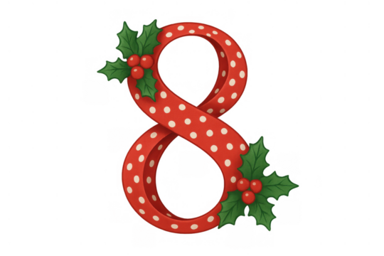 Number eight festive ribbon letter with red polka dots and green holly leaves, creating a christmas holiday design element