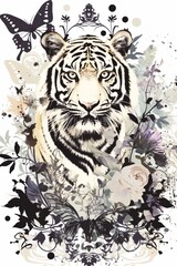 Detailed illustration of animal surrounded by vibrant flowers, showcasing intricate textures and colors, with decorative background, emphasizing nature's beauty and artistic expression.