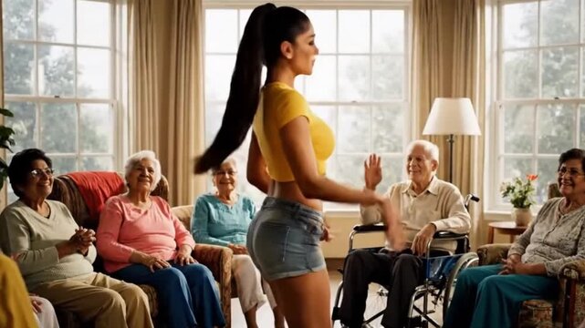 Young Indian girl cheering elderly people in an old age home through joyful dance