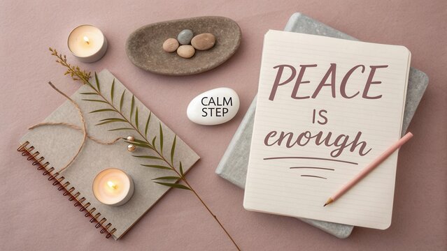 Peaceful workspace with calming elements, candles, notebook, stones, and inspirational quote on soft pink background for relaxation - Powered by Adobe