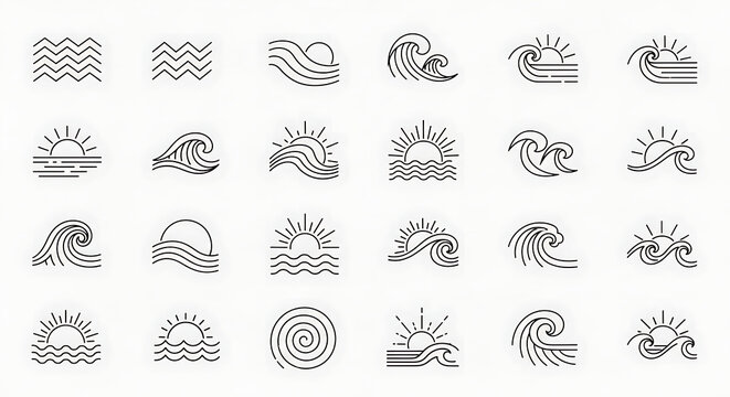 A collection of minimalist line art icons depicting various stylized ocean waves and sunrises, presented in a grid format.