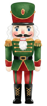 Festive nutcracker soldier in green and red uniform with white beard and mustache, standing upright with decorative epaulettes and boots