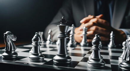 Strategic Business Planning and Competitive Strategy Concept with a Chessboard Executive Contemplating the Next Move in a High-Stakes Game with Metallic Pieces