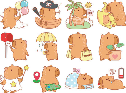 Illustrations of cute capybara character clip art for kids.