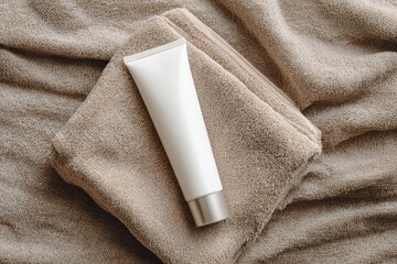 A blank white cosmetic tube, no label, lying on a folded beige linen towel. A minimalist beauty mockup from a top-down view, perfect for flat lay compositions.