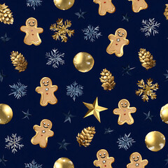 Cute seamless texture with gingerbread cookies and winter elements for packaging, fabric and stationery.