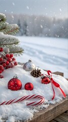 A festive, panoramic Christmas scene. The foreground features a wooden surface covered in a thick layer of pristine white snow. Scattered across the snow are several red Christmas ornaments of varying