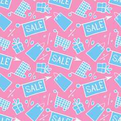 Vector seamless pattern with inscriptions and symbols Sale. Hand drawn background and texture on theme of Black Friday, discounts, shopping and special offers