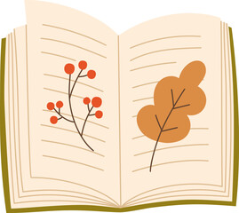 Open book in autumn vibe with leaves. Hand drawn cute cozy fall vector illustration.