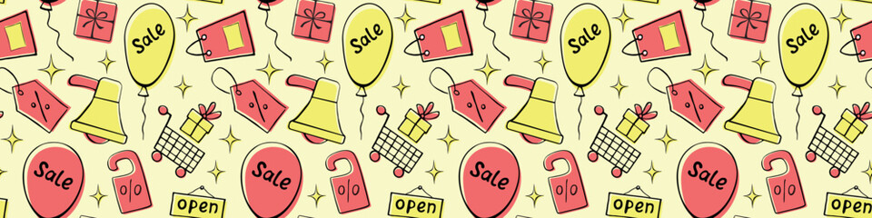 Simple vector seamless pattern related to shopping, black friday, promotions and sales. Endless background for gift paper, decoration, prints