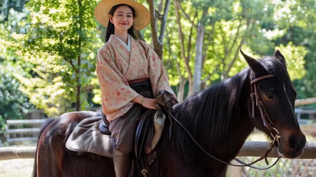 麦わら帽子と着物で馬に乗る笑顔の女性