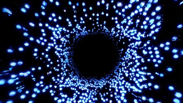 Spiral glowing blue particle vortex rotates into void, abstract digital tunnel of light with motion and loop effect, shimmering glow and space like particle field creating hypnotic particle flow