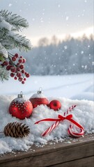 A festive, panoramic Christmas scene. The foreground features a wooden surface covered in a thick layer of pristine white snow. Scattered across the snow are several red Christmas ornaments of varying