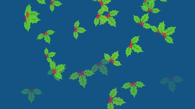mistletoe leaves fall on blue background. Christmas good luck theme