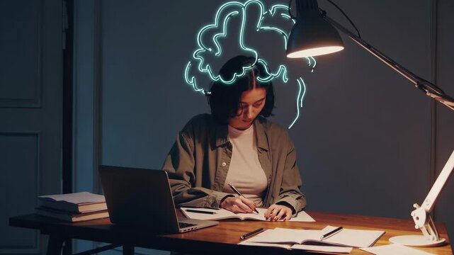 Writing notes at desk with laptop and notebook. Student study under lamp with brain neon sketch. Focus on learning and education. Quiet research writing session. Calm focus atmosphere. Night study.