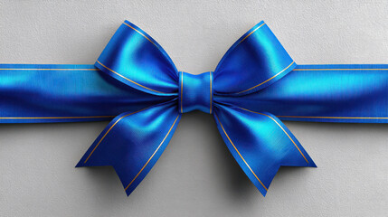 Blue satin ribbon bow with gold trim textured gray background, elegant decoration for gift wrapping or celebration with shiny smooth fabric
