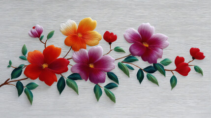 Colorful flower branch with red, orange, and purple petals and green leaves on textured white background, bright and vibrant floral design