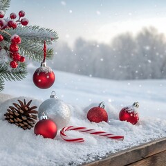 A festive, panoramic Christmas scene. The foreground features a wooden surface covered in a thick layer of pristine white snow. Scattered across the snow are several red Christmas ornaments of varying