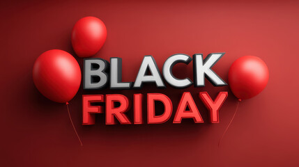 Black Friday text with red balloons on red background, festive sale concept with bold letters and celebration atmosphere