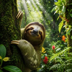 Naklejka premium Sloth in the Rainforest - A Gentle Gaze Amidst Lush Greenery.