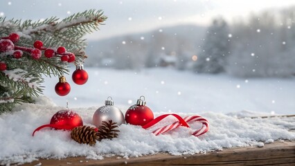 A festive, panoramic Christmas scene. The foreground features a wooden surface covered in a thick layer of pristine white snow. Scattered across the snow are several red Christmas ornaments of varying