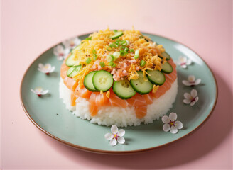 サーモンの寿司でできたケーキ