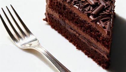 A decadent slice of rich, multi-layered chocolate cake with frosting and shavings next to a silver fork on a white surface.