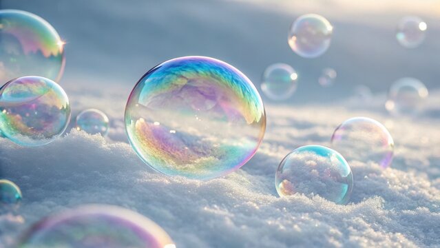 Frozen soap bubbles on snow, reflecting the sky and creating a magical winter wonderland scene