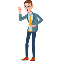 Pixel Art Elderly Asian Man With Glasses And Yellow Tie In A Blue Suit Looking Surprised And Holding Hand To Ear Against White Background