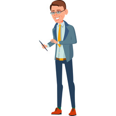 Pixel Art Elderly Asian Man Wearing Glasses Suit And Tie Holding Digital Tablet With Transperent Background