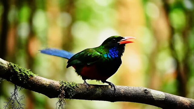 Colorful Whitehead's Trogon Performing a Mating Display on a Branch in Borneo