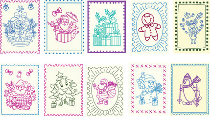Colorful hand-drawn Christmas postage stamp set featuring Santa, snowman, reindeer, penguin, gifts, and festive elements. Perfect for holiday cards, decorations, stickers, and winter designs.