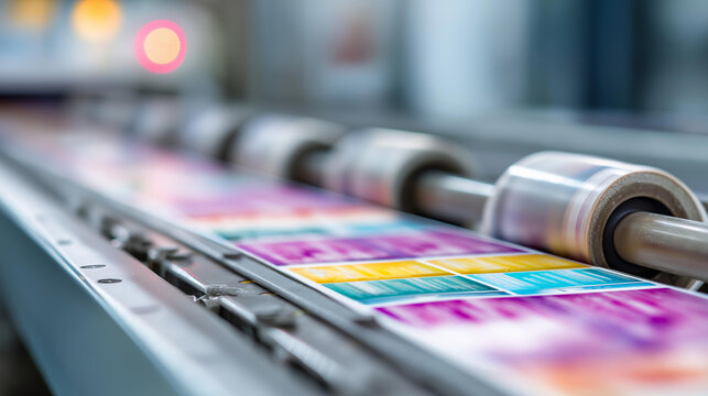 Industrial printer producing colorful labels with defocused machinery, faceless label production, printing visualization detail, blurred equipment background, commercial printing c