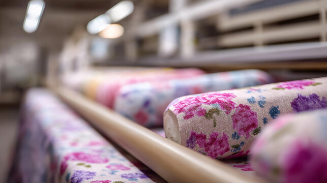 Textile printing producing floral patterns with defocused fabrics, faceless fabric manufacturing, pattern visualization detail, blurred factory setting, textile production concept,