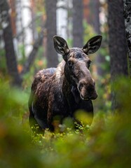 Majestic moose stands alert in a forest, surrounded by lush foliage