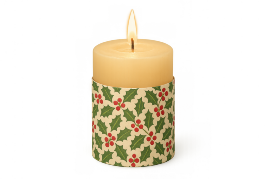 Holiday candle with a vibrant flame, featuring a holly berry pattern design. This image is on a transparent background