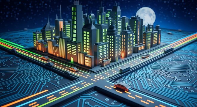 Futuristic city skyline on glowing circuit board with cars under moon