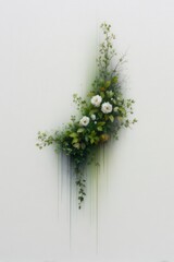 A beautifully arranged floral design features white flowers and lush greenery with delicate branches, ideal for nature-themed projects, home decor, and marketing materials,