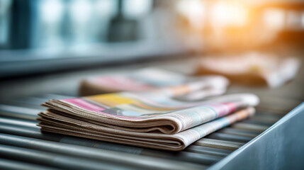 Machine printing colorful newspapers with defocused factory, faceless media production, printing visualization detail, blurred manufacturing background, newspaper printing concept,