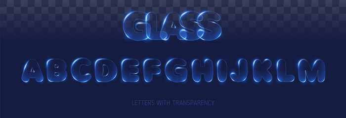 Glass alphabet set vector illustration. Transparent shiny abc letters on dark background.