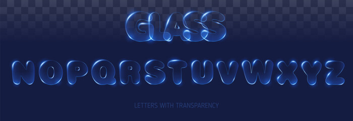 Glass alphabet set vector illustration. Transparent shiny abc letters on dark background.
