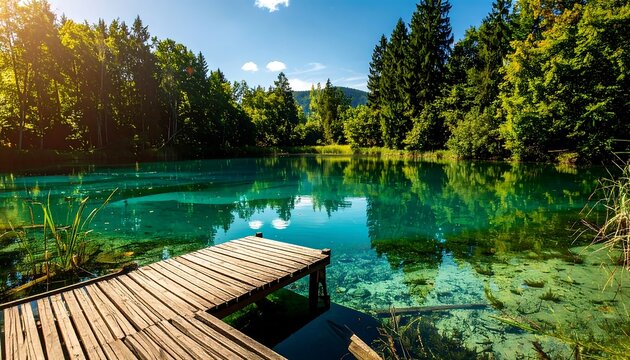 Tranquil lake nestled in lush forest
