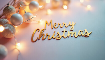 &ldquo;Merry Christmas&rdquo; in golden script with ornaments and fairy lights, warm festive greeting