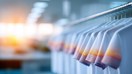 T-shirts printed with sunrise design defocused production facility, faceless digital printing, modern visualization detail, blurred clean background, garment production concept, or
